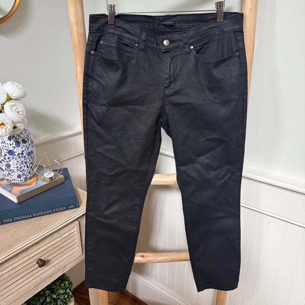 Eileen Fisher Black Coated Organic Cotton Slim Leg Pants Womens 10‎ Made in USA